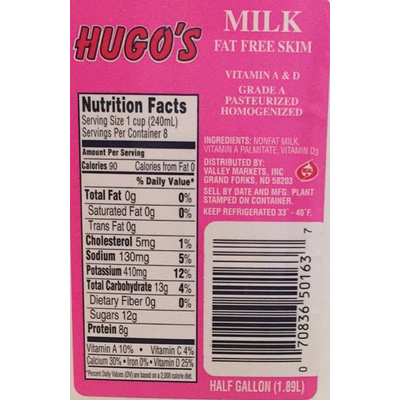 Fat free half and half nutrition label